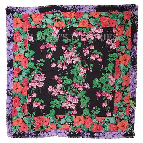 GUCCI SCARF LENIS FLORAL BLACK MULTICOLOR PRINT w LOGO TWILL SILK SQUARE 35" - Picture 3 of 13